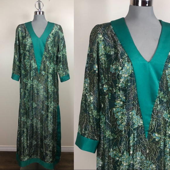 Vintage Metallic Satin Caftan Holiday Muumuu 1970s